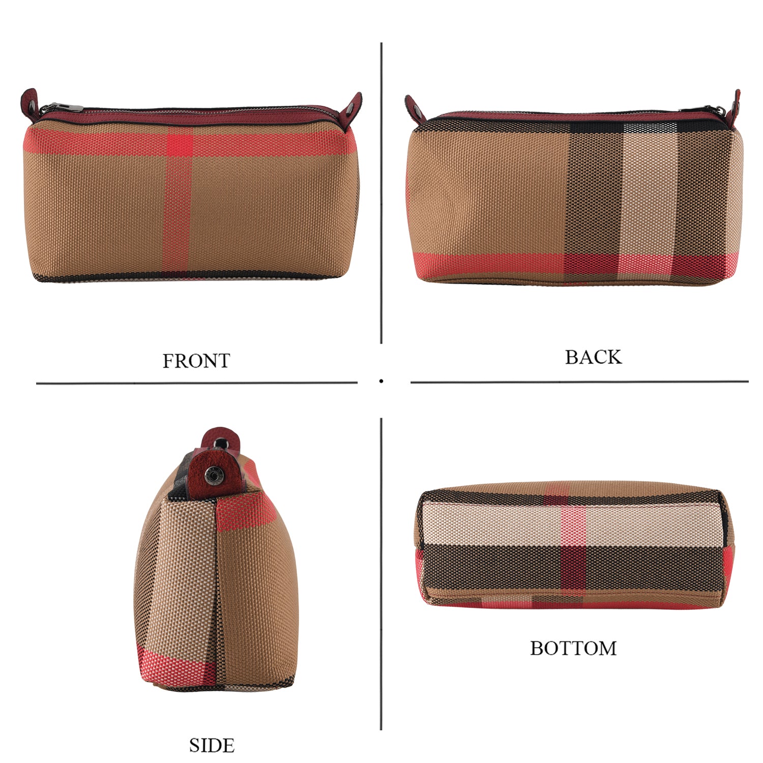 2 Piece Genuine Leather Check Stripe Tote Bag with Matching Zip Pouch - Burgundy & Multi_8516359_7