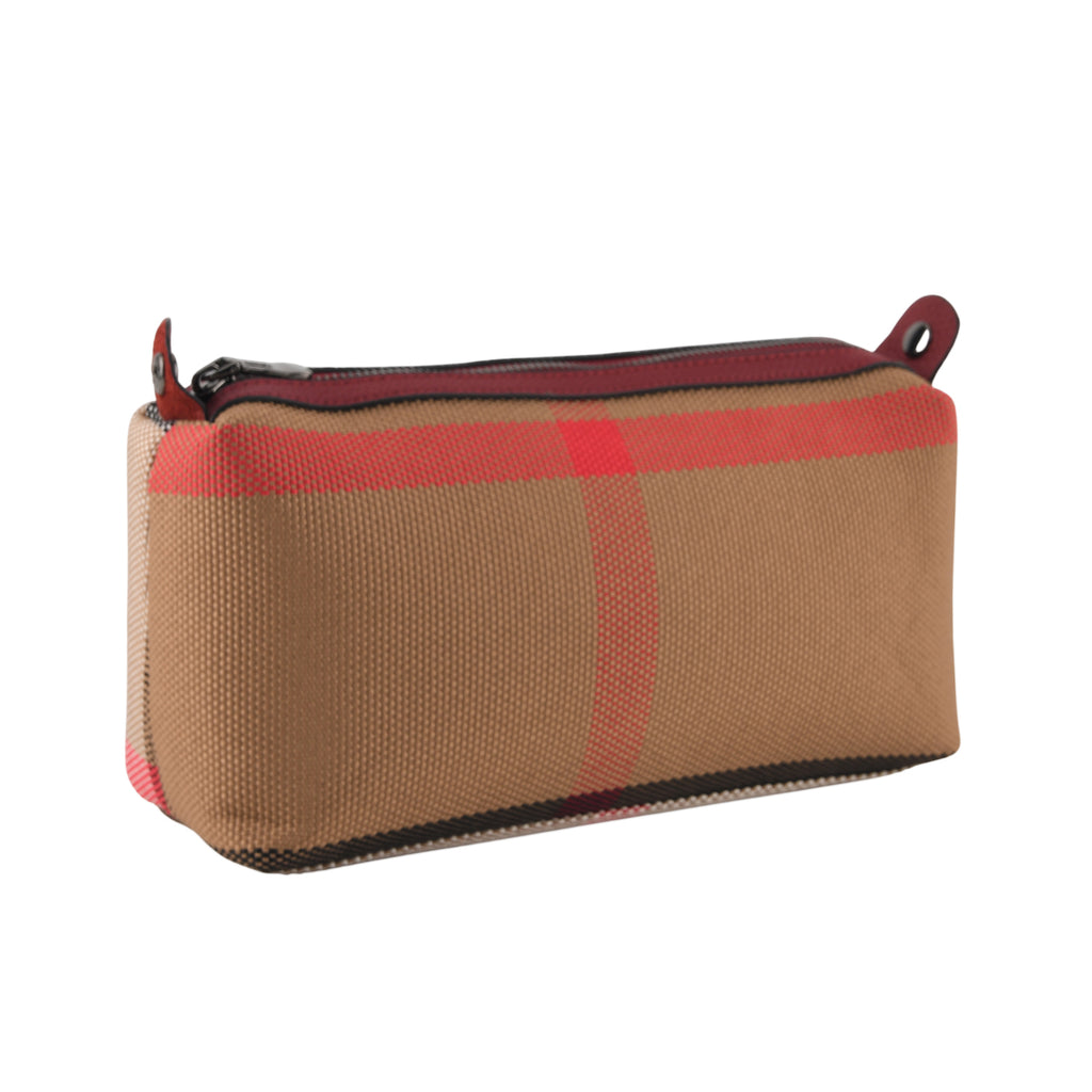 2 Piece Genuine Leather Check Stripe Tote Bag with Matching Zip Pouch - Burgundy & Multi_8516359_8
