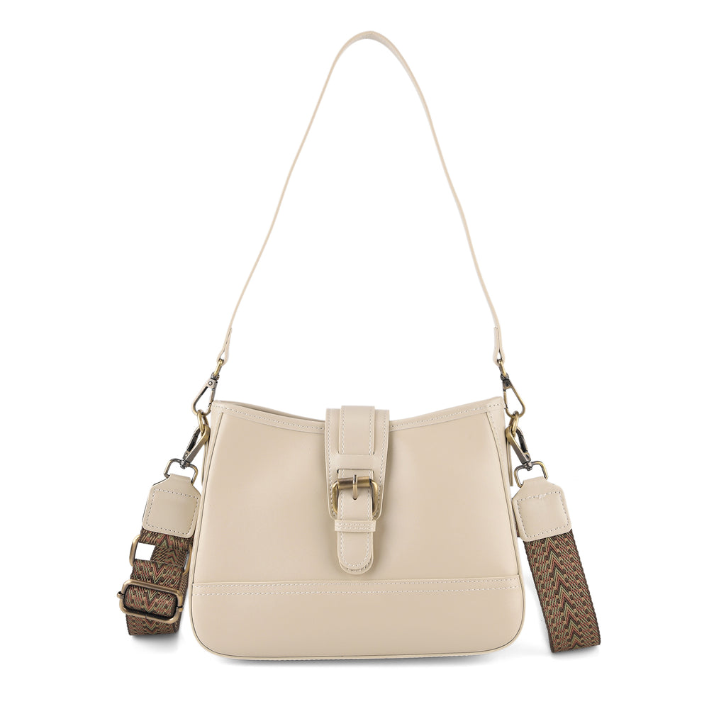 100% Genuine Leather Textured Casual Sling Bag with Adjustable Strap - Cream_8516626