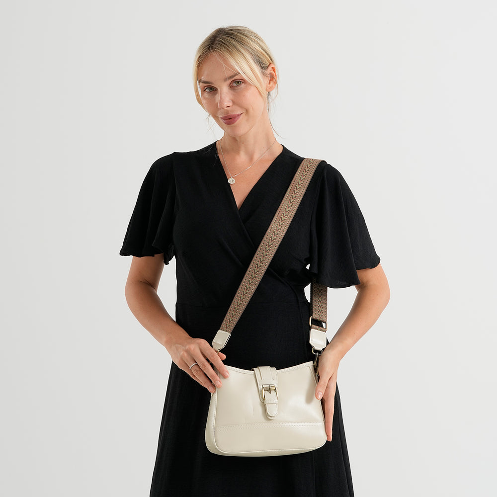 100% Genuine Leather Textured Casual Sling Bag with Adjustable Strap - Cream_8516626_2