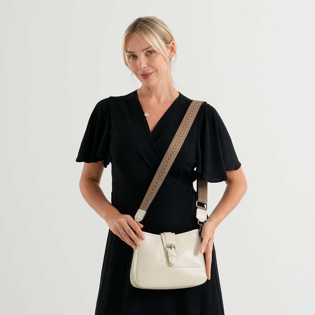 100% Genuine Leather Textured Casual Sling Bag with Adjustable Strap - Cream_8516626_2