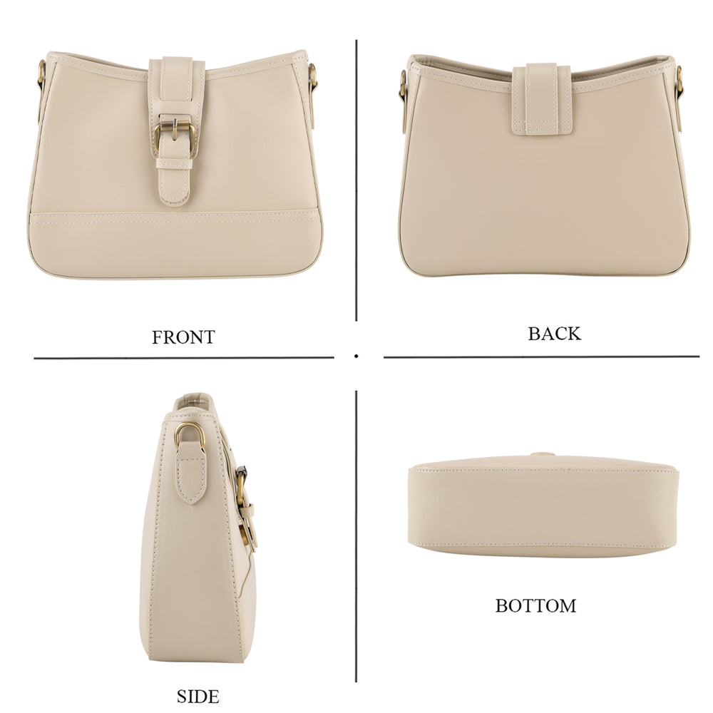 100% Genuine Leather Textured Casual Sling Bag with Adjustable Strap - Cream_8516626_4