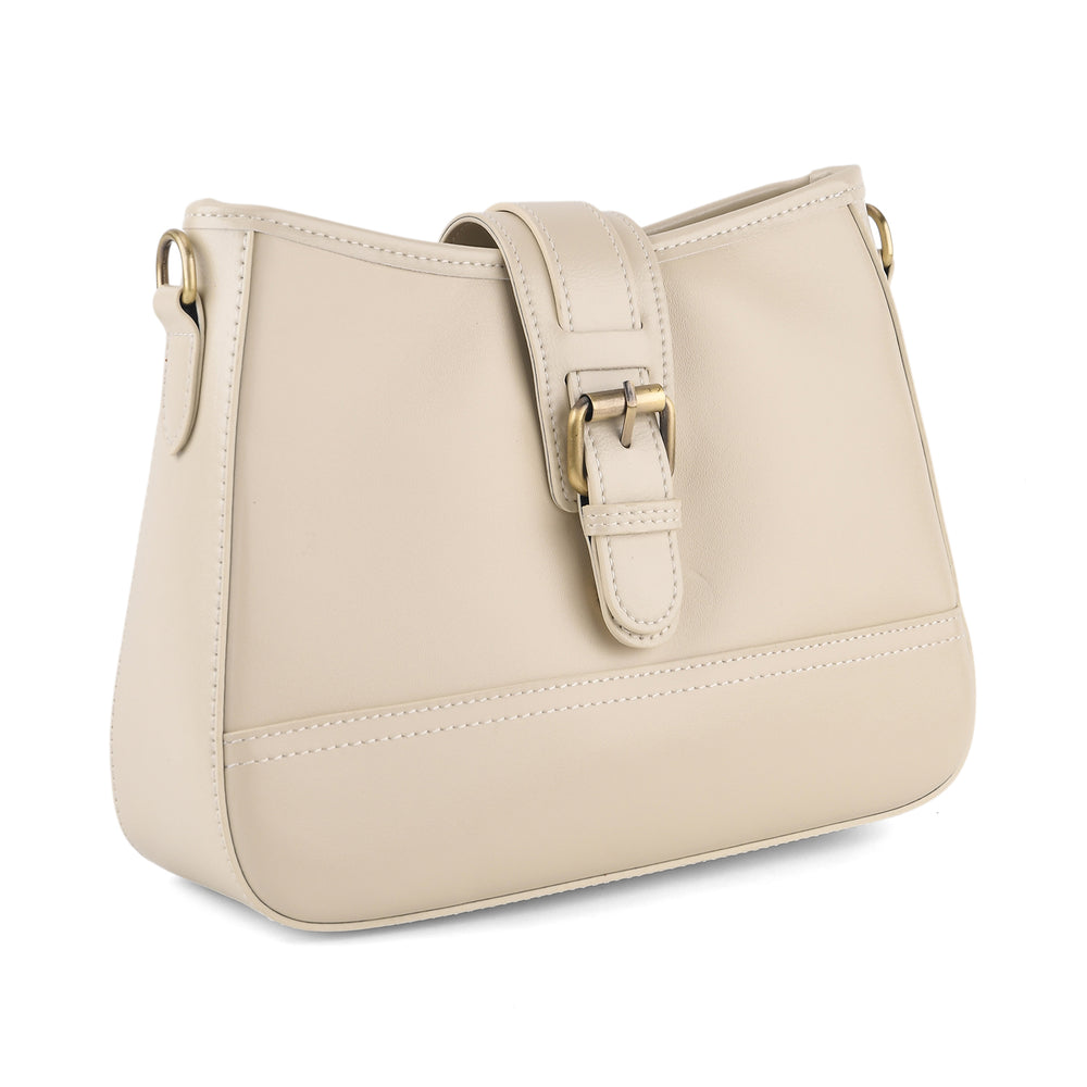 100% Genuine Leather Textured Casual Sling Bag with Adjustable Strap - Cream_8516626_6