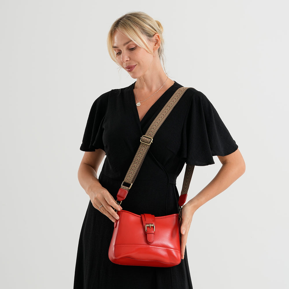 100% Genuine Leather Textured Casual Sling Bag with Adjustable Strap - Red_8516629_2