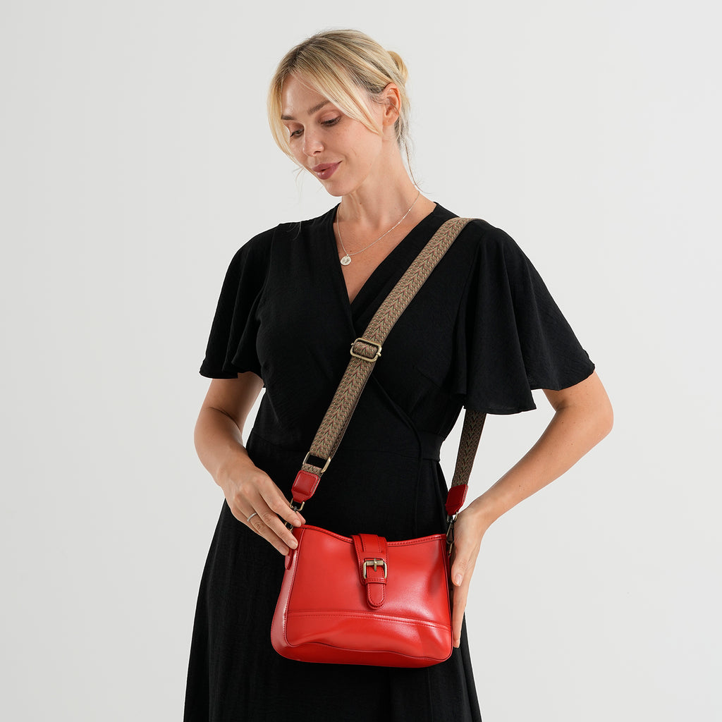 100% Genuine Leather Textured Casual Sling Bag with Adjustable Strap - Red_8516629_2