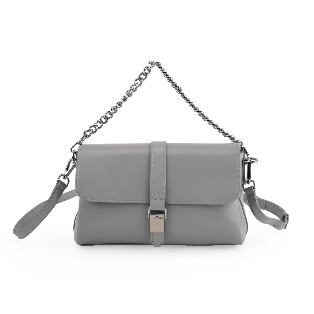 Genuine Leather Flap Over Crossbody Bag with 2 Interchangeable Straps - Grey_8516643
