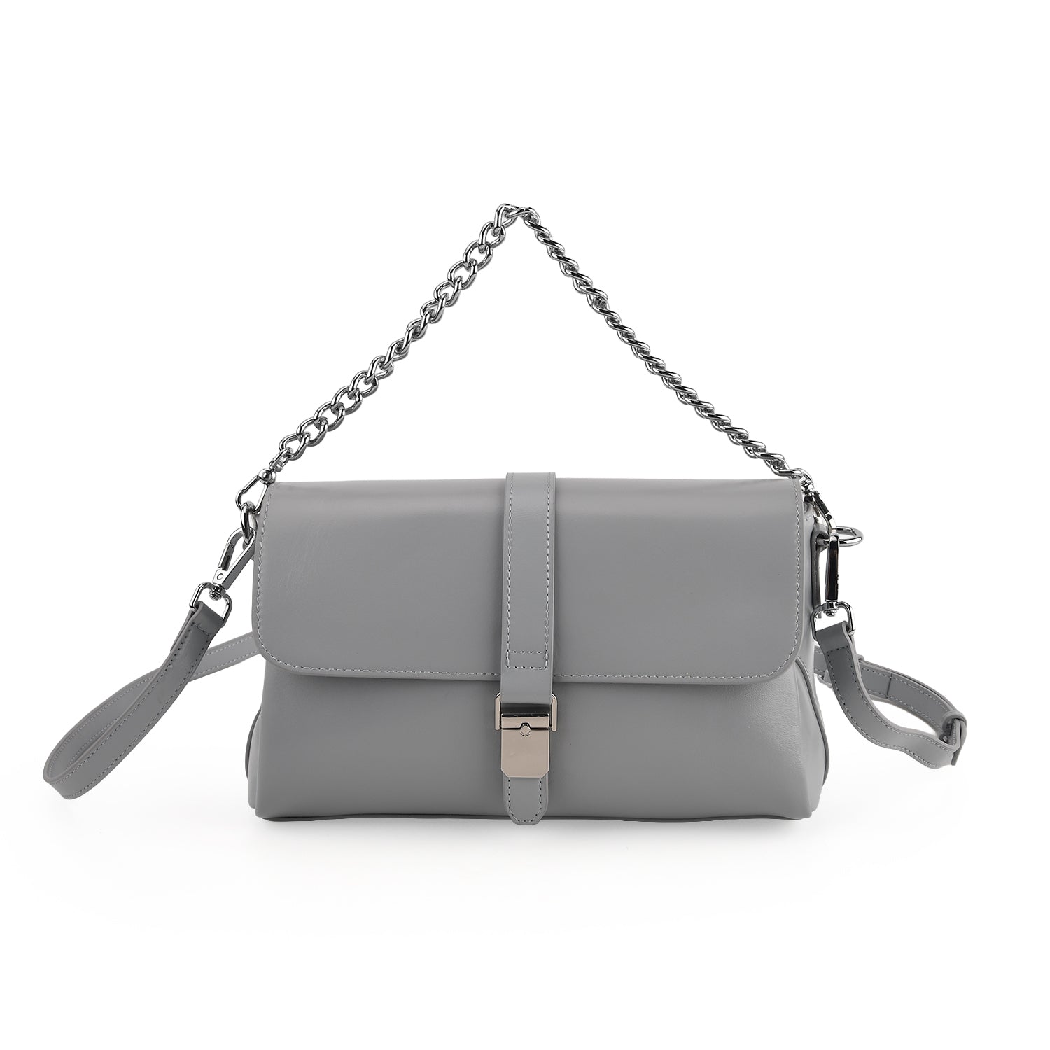 Genuine Leather Flap Over Crossbody Bag with 2 Interchangeable Straps - Grey_8516643