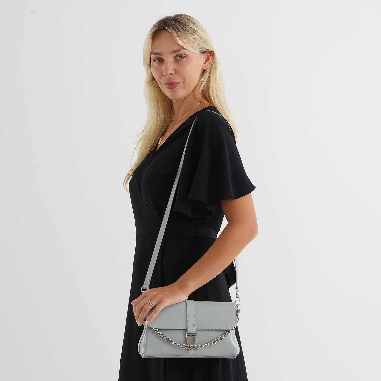 Genuine Leather Flap Over Crossbody Bag with 2 Interchangeable Straps - Grey_8516643_1