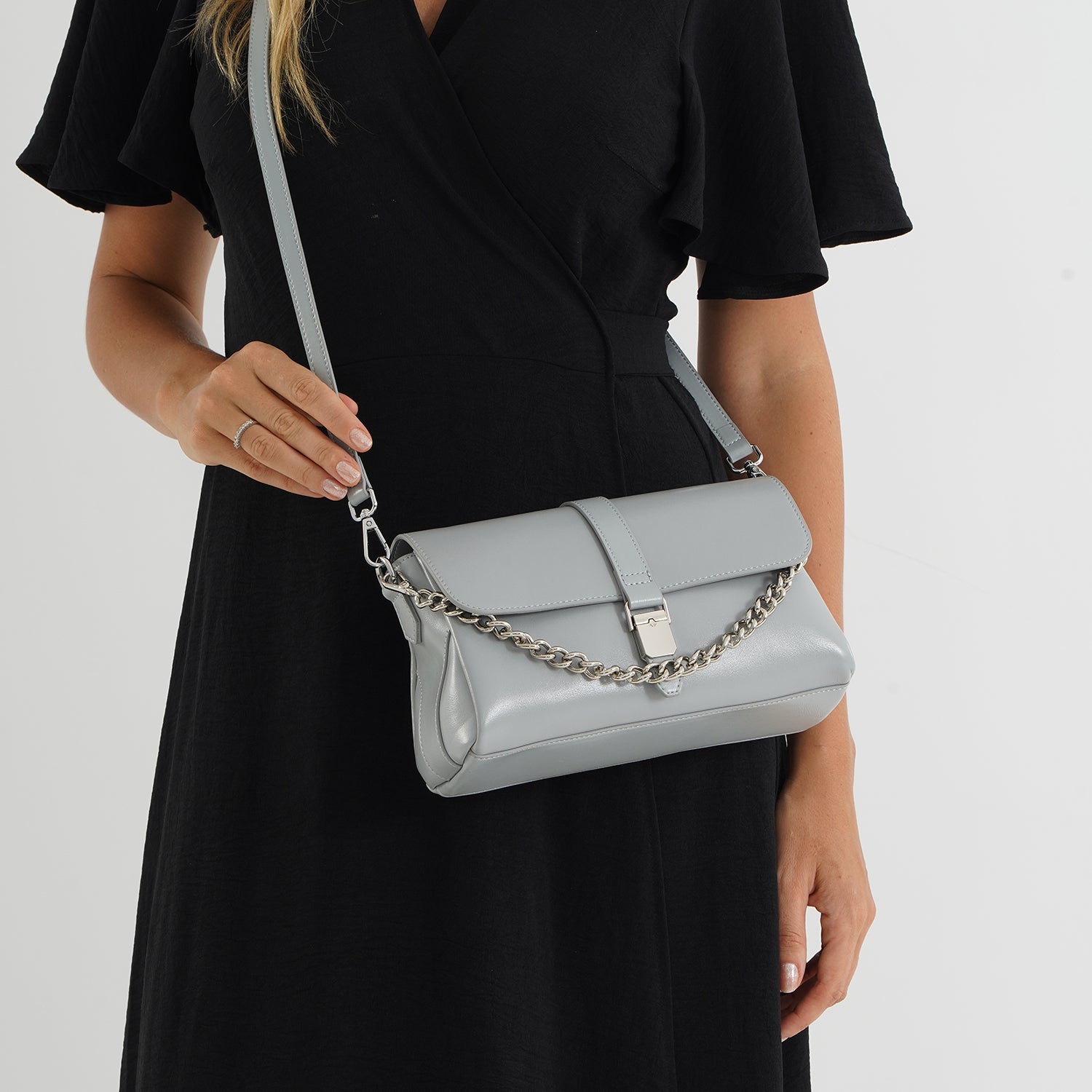 Genuine Leather Flap Over Crossbody Bag with 2 Interchangeable Straps - Grey_8516643_2