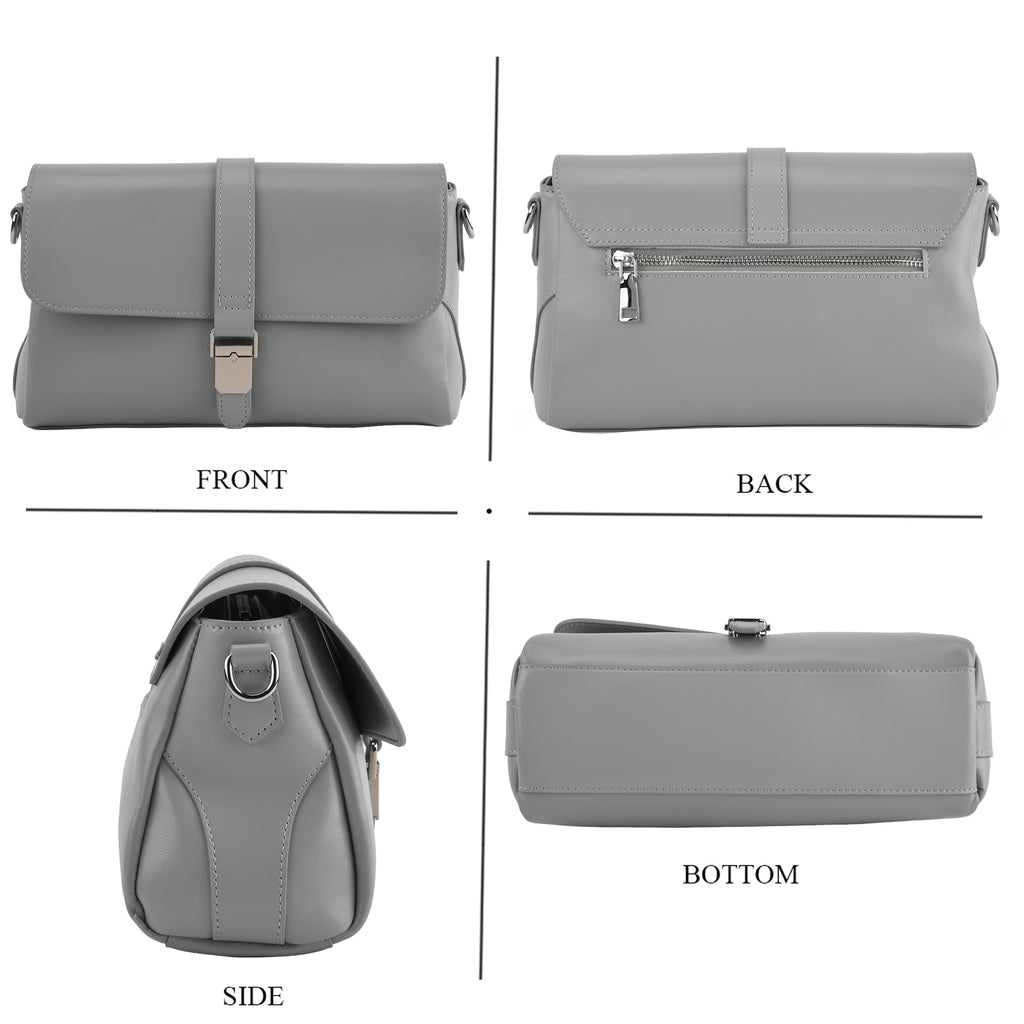 Genuine Leather Flap Over Crossbody Bag with 2 Interchangeable Straps - Grey_8516643_3