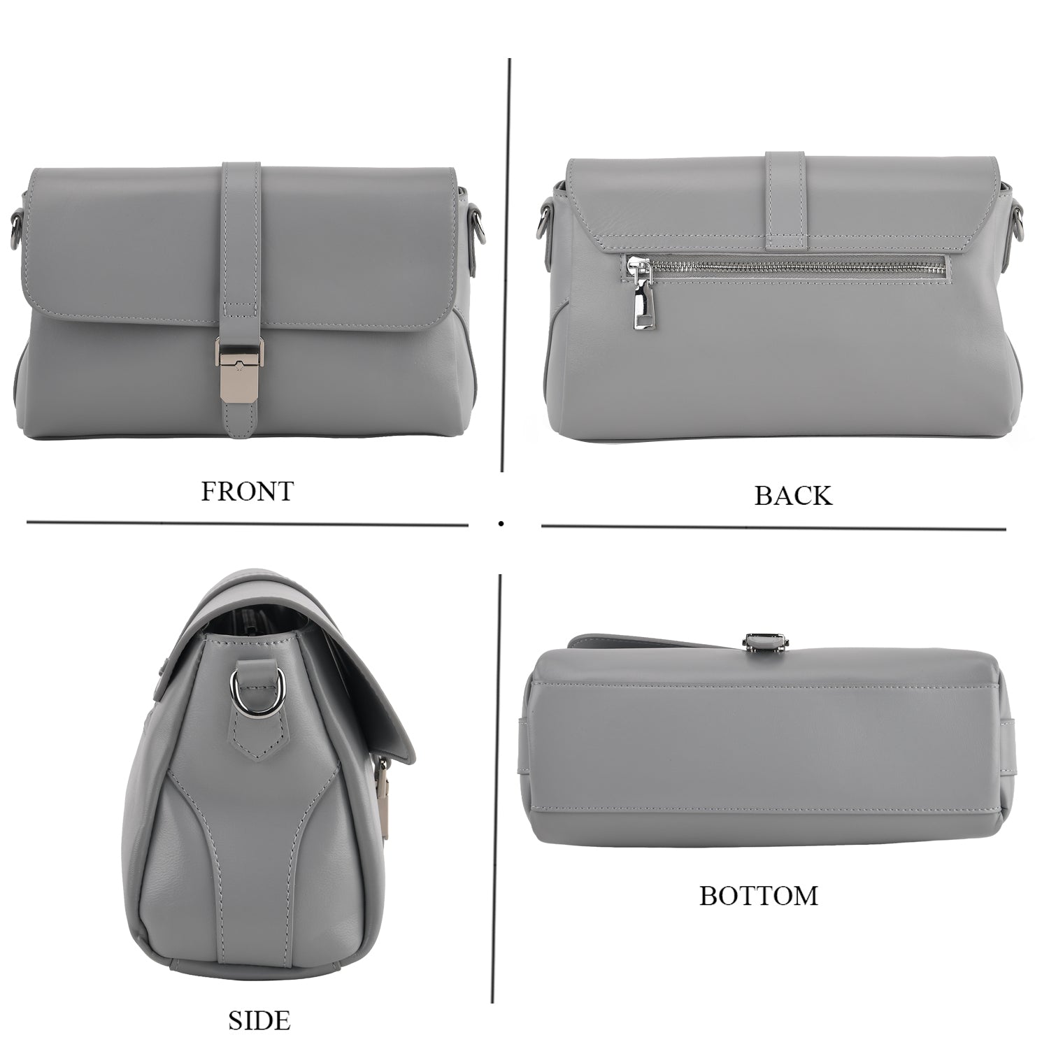 Genuine Leather Flap Over Crossbody Bag with 2 Interchangeable Straps - Grey_8516643_3