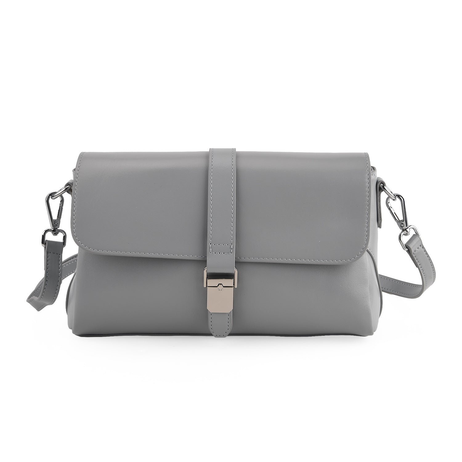 Genuine Leather Flap Over Crossbody Bag with 2 Interchangeable Straps - Grey_8516643_4