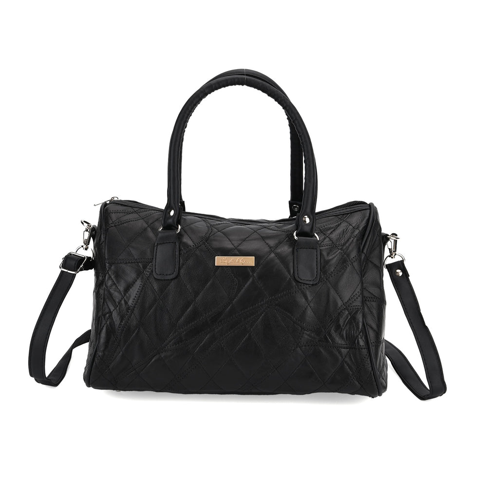 Styled by Genuine Patchwork Leather Top-Handle Satchel Handbag with Shoulder Strap - Black_8516802