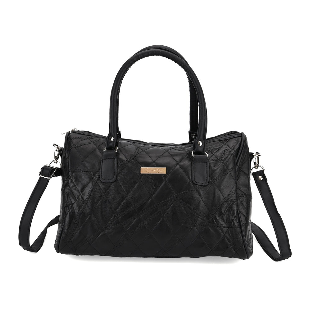 Styled by Genuine Patchwork Leather Top-Handle Satchel Handbag with Shoulder Strap - Black_8516802