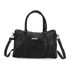 Styled by Genuine Patchwork Leather Top-Handle Satchel Handbag with Shoulder Strap - Black_8516802