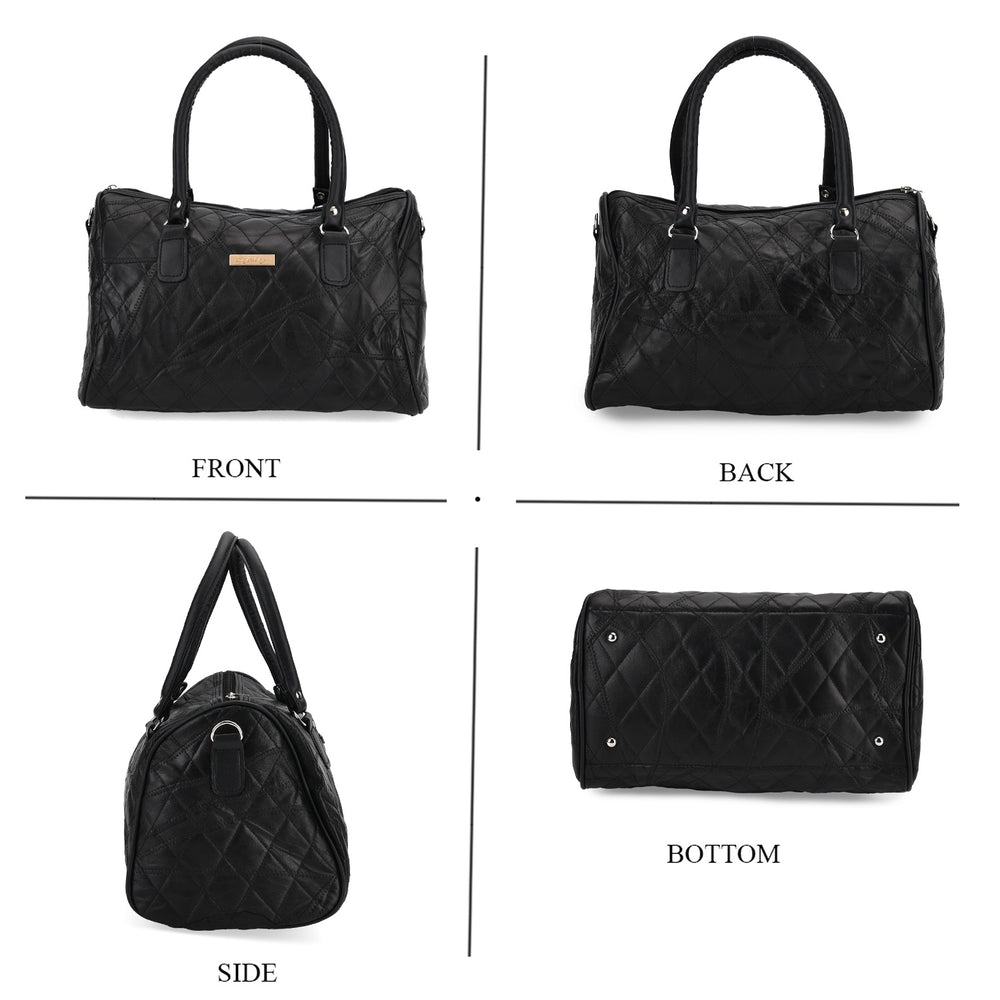 Styled by Genuine Patchwork Leather Top-Handle Satchel Handbag with Shoulder Strap - Black_8516802_3