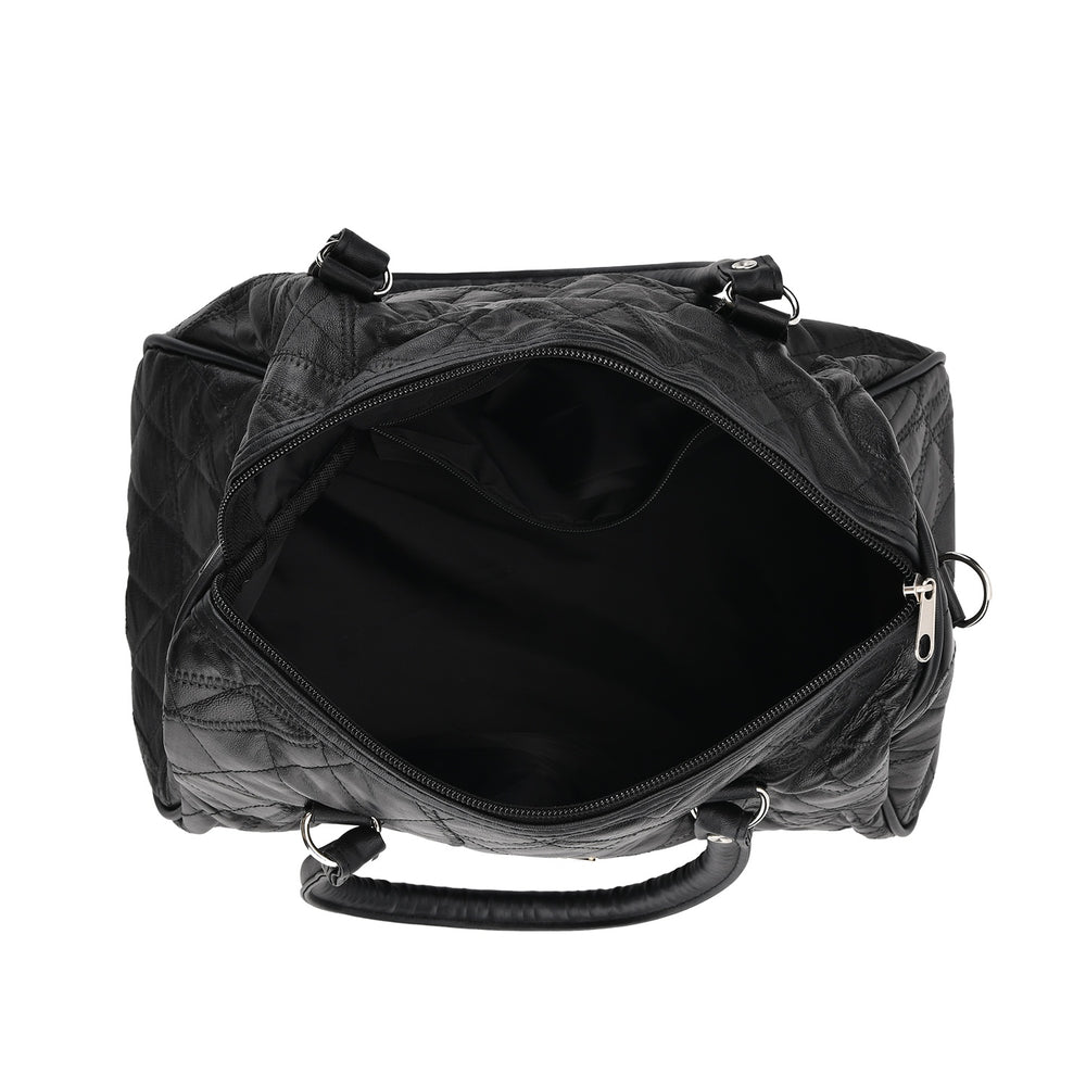 Styled by Genuine Patchwork Leather Top-Handle Satchel Handbag with Shoulder Strap - Black_8516802_4