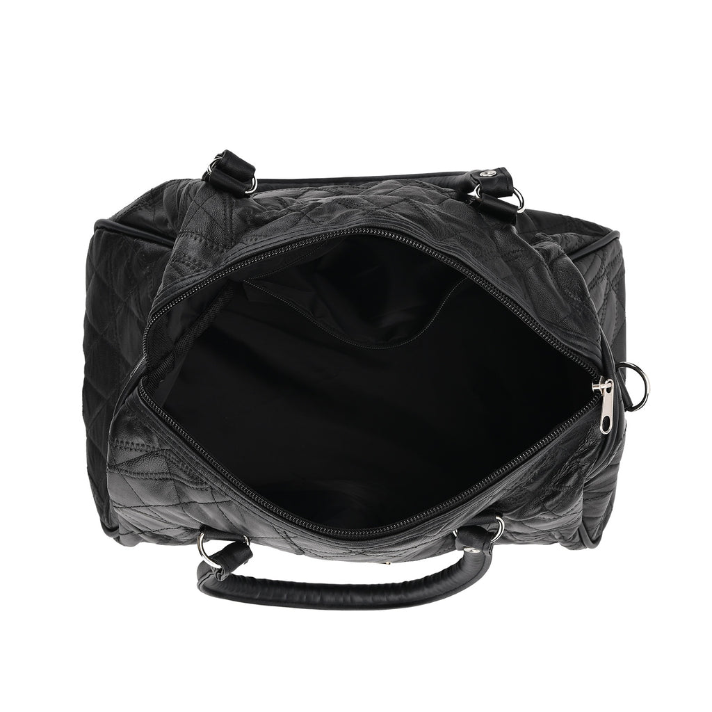 Styled by Genuine Patchwork Leather Top-Handle Satchel Handbag with Shoulder Strap - Black_8516802_4