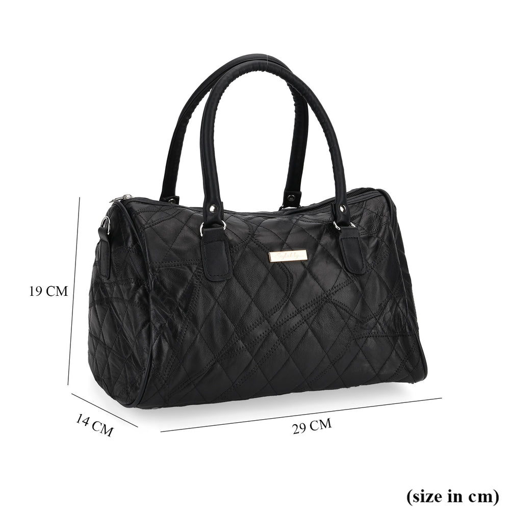 Styled by Genuine Patchwork Leather Top-Handle Satchel Handbag with Shoulder Strap - Black_8516802_6