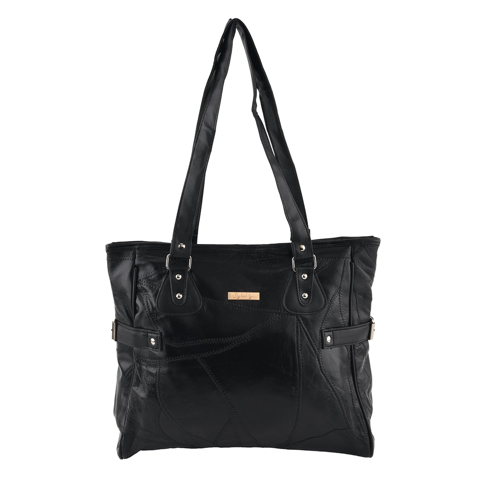 Styled by Genuine Leather Patchwork Tote Bag - Black_8517799