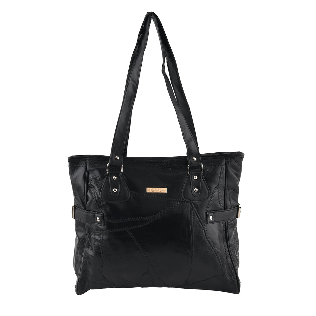 Styled by Genuine Leather Patchwork Tote Bag - Black_8517799