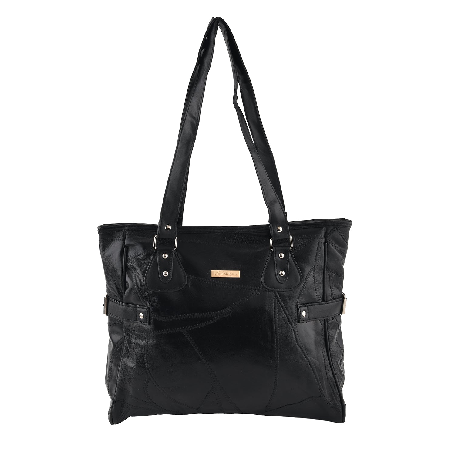 Styled by Genuine Leather Patchwork Tote Bag - Black_8517799