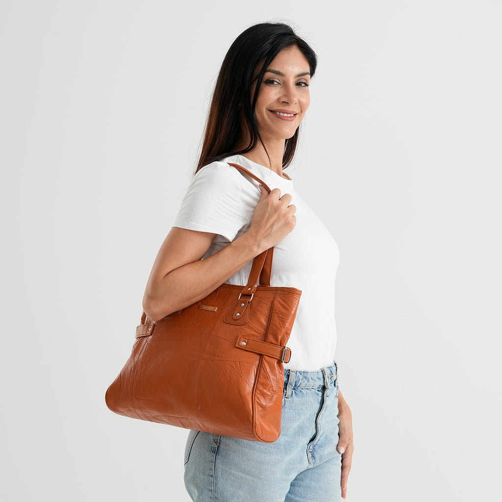 Styled by Genuine Leather Patchwork Tote Bag - Tan_8517800
