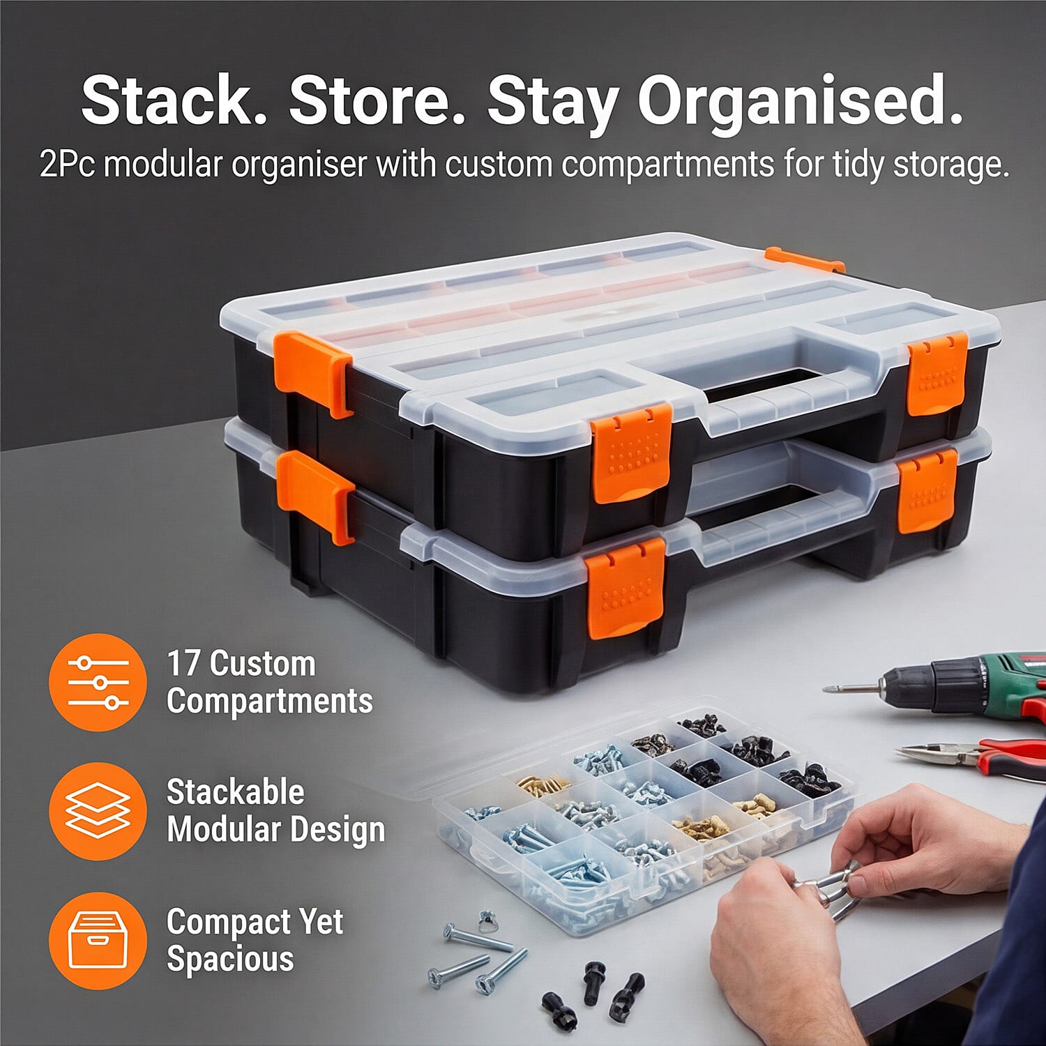 2Pc 17 Compartment Stackable Organiser with Detachable Dividers 335 x 260mm