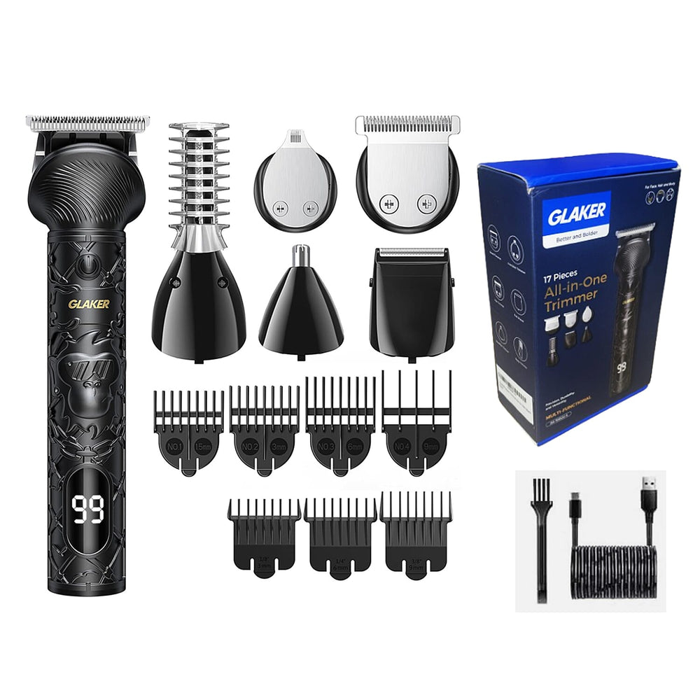 GLAKER  6-in-1 Cordless Trimmer with 17 Attachments for Beard, Face, Hair and Body - Black