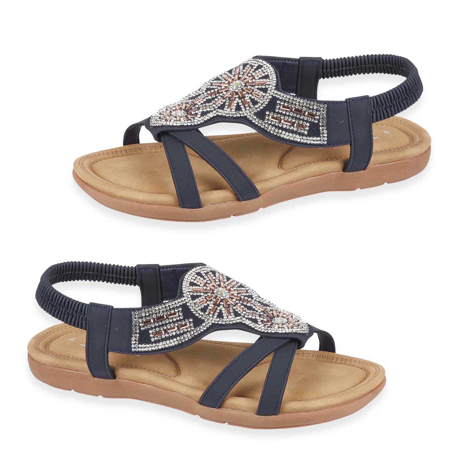 Jo - Joe Ladies Halcyon Diamante Trims Sandal with Elastic Back Strap (Size 6) - Navy