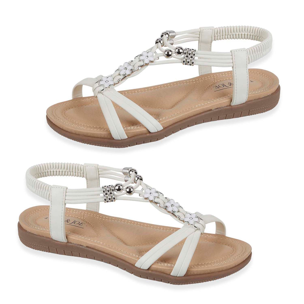 Jo & Joe Petula Ladies Lightweight Cushioned Sandal with Beaded Trims & Elasicated Back Strap (Size 4) - White_8536642
