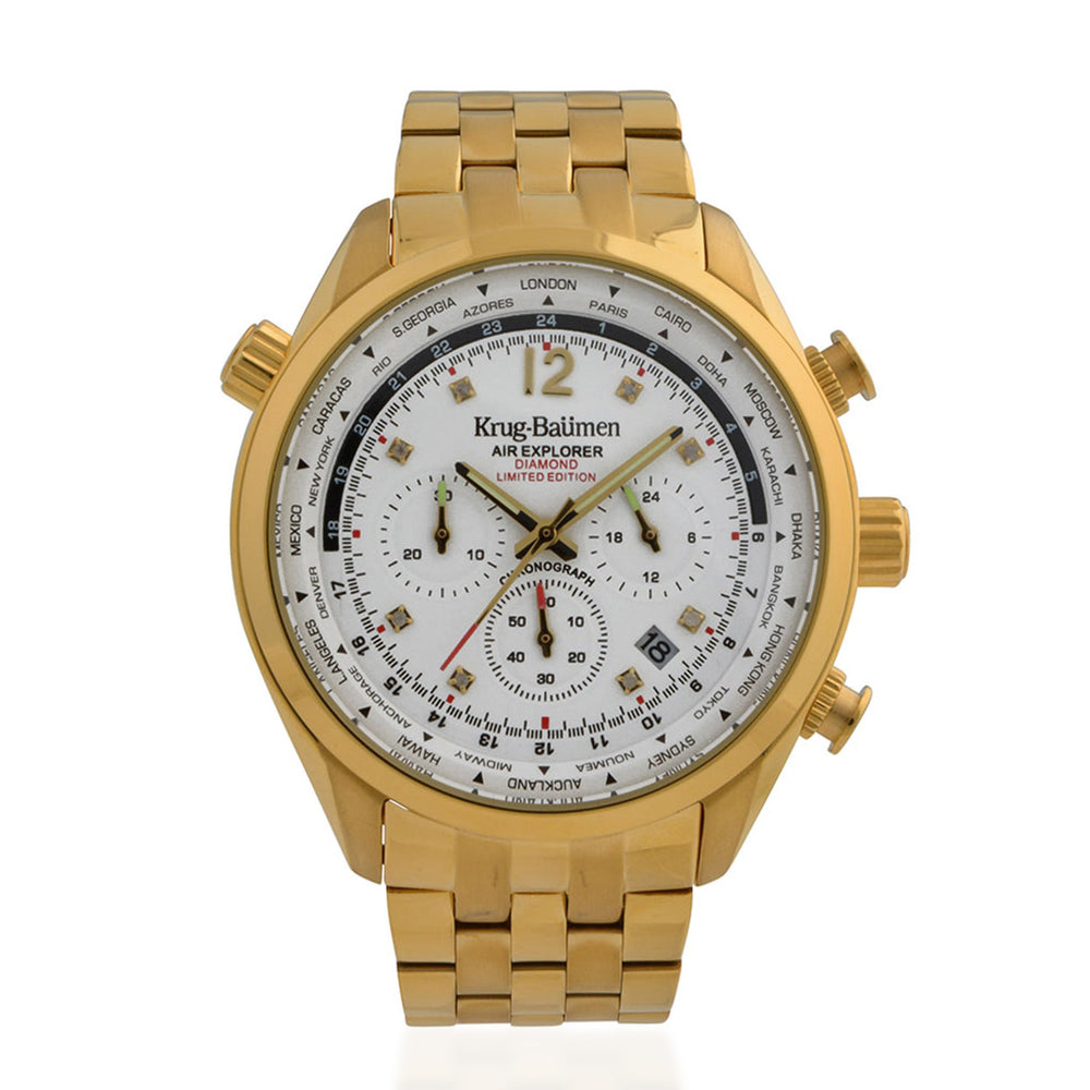 Krug Baumen Air Explorer JS25 Miyota Chronograph with date watch, with a Silver Dial, 8 Diamonds and Gold coloured Stainless Steel case with 3 ATM 100105DM_8536783