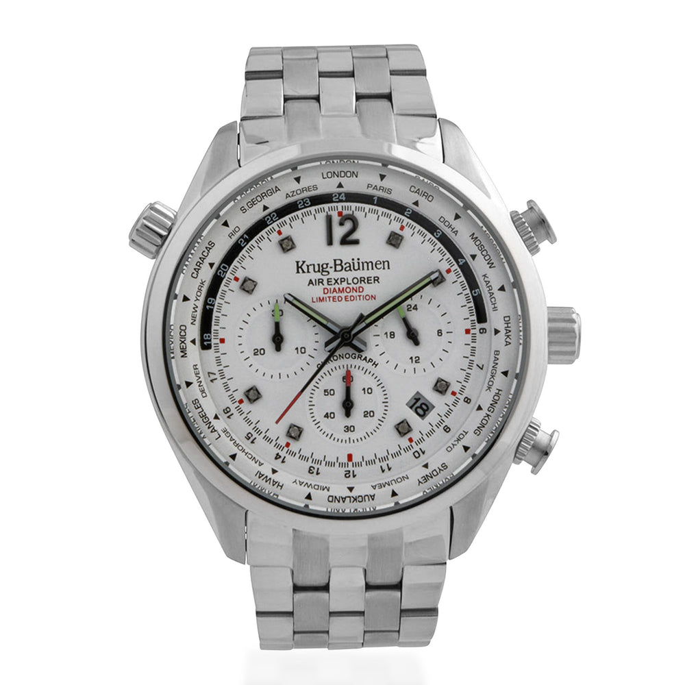 Krug Baumen Air Explorer Diamond Miyota JS25 Chronograph Watch with a White Dial, 8 Diamonds and a Silver Stainless Steel Strap in a 44mm Silver Stainless Steel Case with 3 ATM 100100DM_8536809