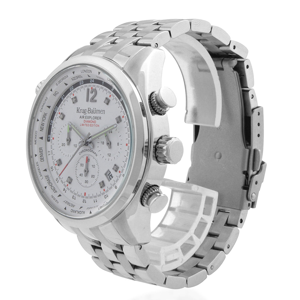 Krug Baumen Air Explorer Diamond Miyota JS25 Chronograph Watch with a White Dial, 8 Diamonds and a Silver Stainless Steel Strap in a 44mm Silver Stainless Steel Case with 3 ATM 100100DM_8536809_1