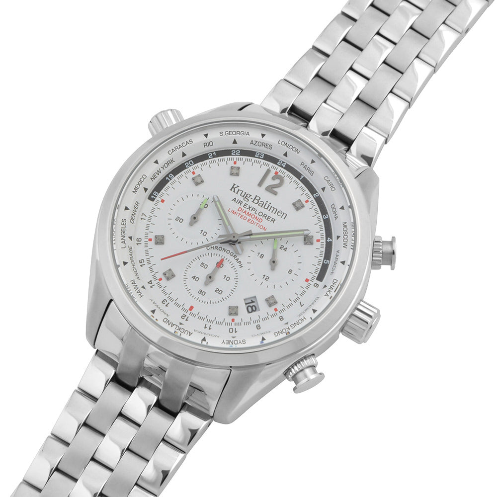 Krug Baumen Air Explorer Diamond Miyota JS25 Chronograph Watch with a White Dial, 8 Diamonds and a Silver Stainless Steel Strap in a 44mm Silver Stainless Steel Case with 3 ATM 100100DM_8536809_2