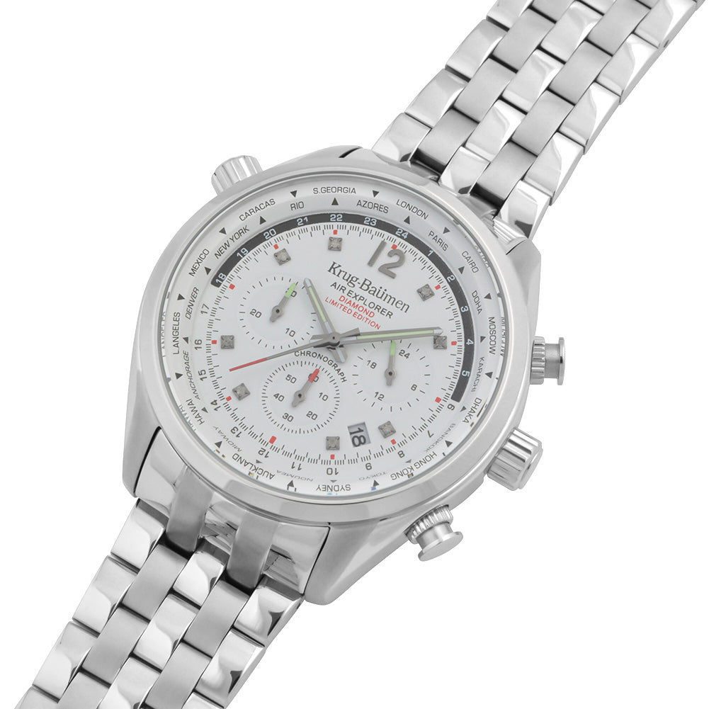 Krug Baumen Air Explorer Diamond Miyota JS25 Chronograph Watch with a White Dial, 8 Diamonds and a Silver Stainless Steel Strap in a 44mm Silver Stainless Steel Case with 3 ATM 100100DM_8536809_2