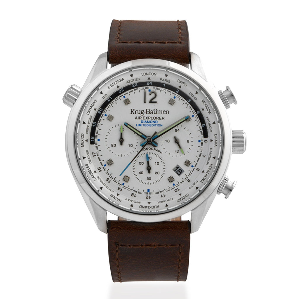 Krug Baumen Air Explorer Diamond Miyota JS25 Chronograph Watch with a White Dial, 8 Diamonds and a Brown Leather Strap in a 44mm Silver Stainless Steel Case with 3 ATM 100200DM_8536812