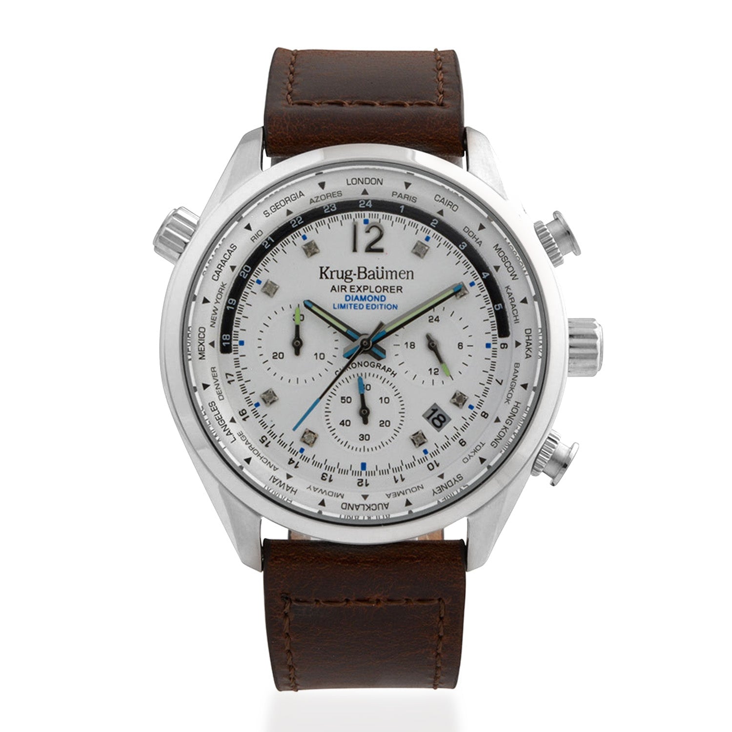 Krug Baumen Air Explorer Diamond Miyota JS25 Chronograph Watch with a White Dial, 8 Diamonds and a Brown Leather Strap in a 44mm Silver Stainless Steel Case with 3 ATM 100200DM_8536812