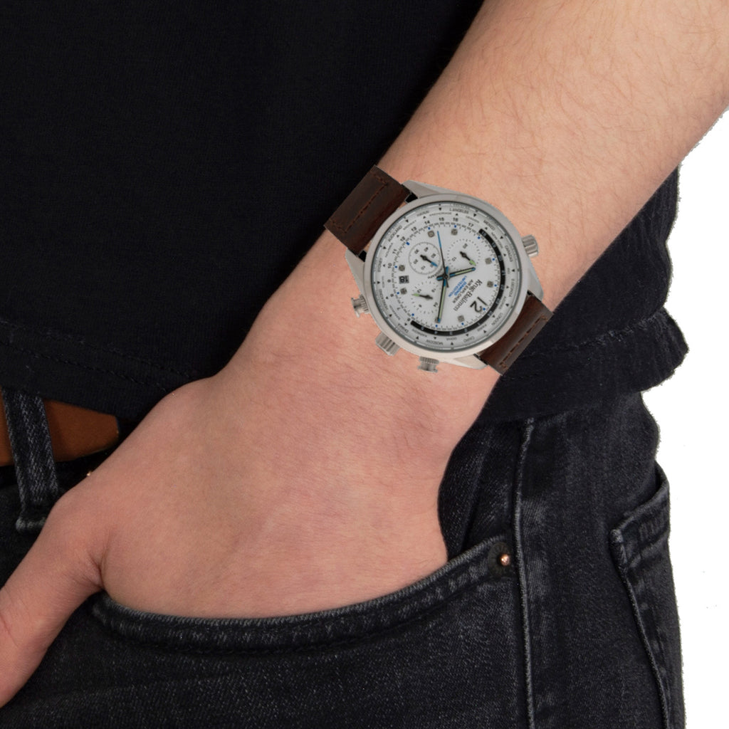 Krug Baumen Air Explorer Diamond Miyota JS25 Chronograph Watch with a White Dial, 8 Diamonds and a Brown Leather Strap in a 44mm Silver Stainless Steel Case with 3 ATM 100200DM_8536812_1