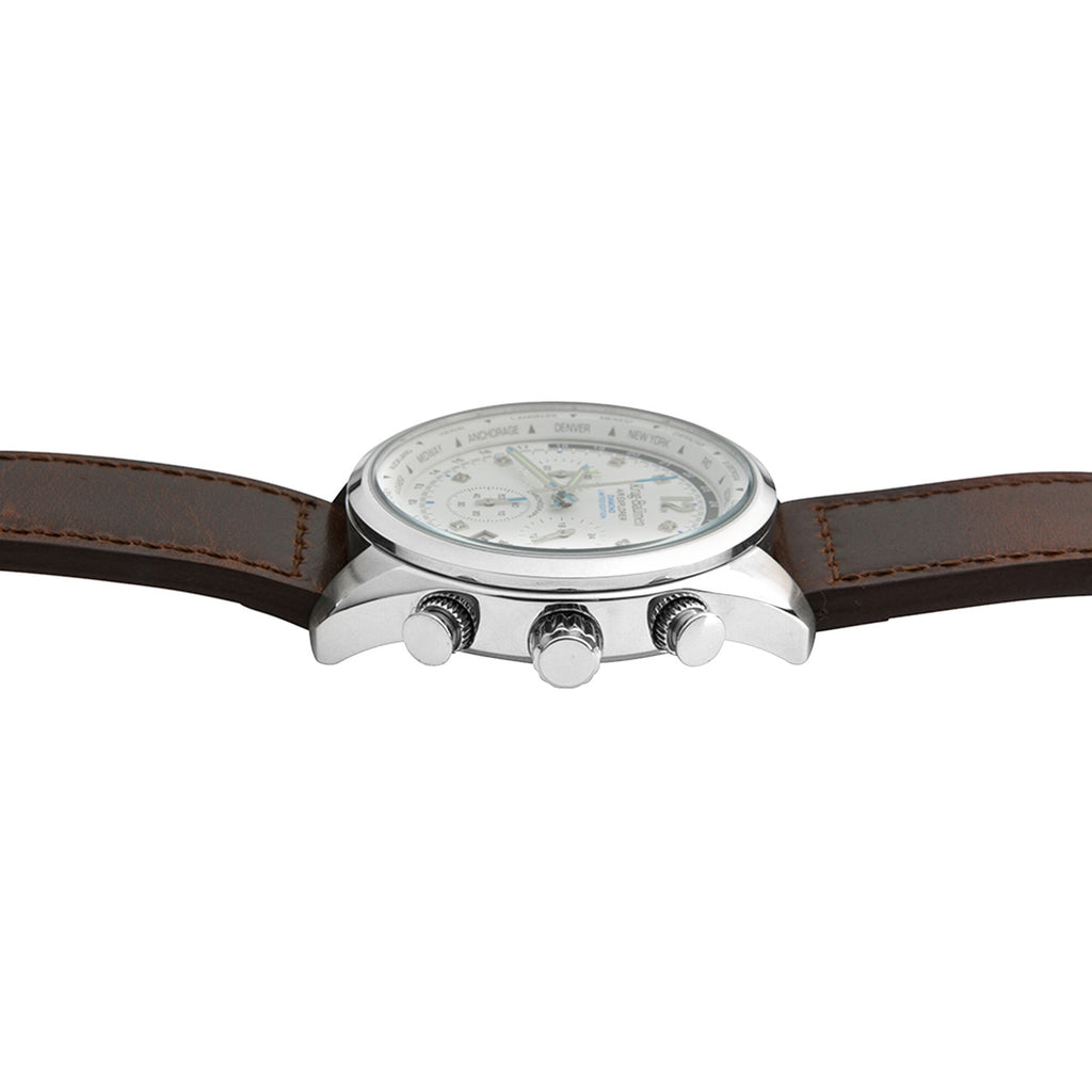 Krug Baumen Air Explorer Diamond Miyota JS25 Chronograph Watch with a White Dial, 8 Diamonds and a Brown Leather Strap in a 44mm Silver Stainless Steel Case with 3 ATM 100200DM_8536812_3