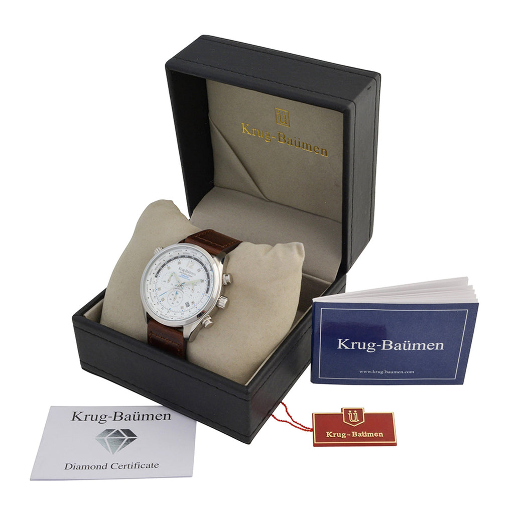 Krug Baumen Air Explorer Diamond Miyota JS25 Chronograph Watch with a White Dial, 8 Diamonds and a Brown Leather Strap in a 44mm Silver Stainless Steel Case with 3 ATM 100200DM_8536812_4