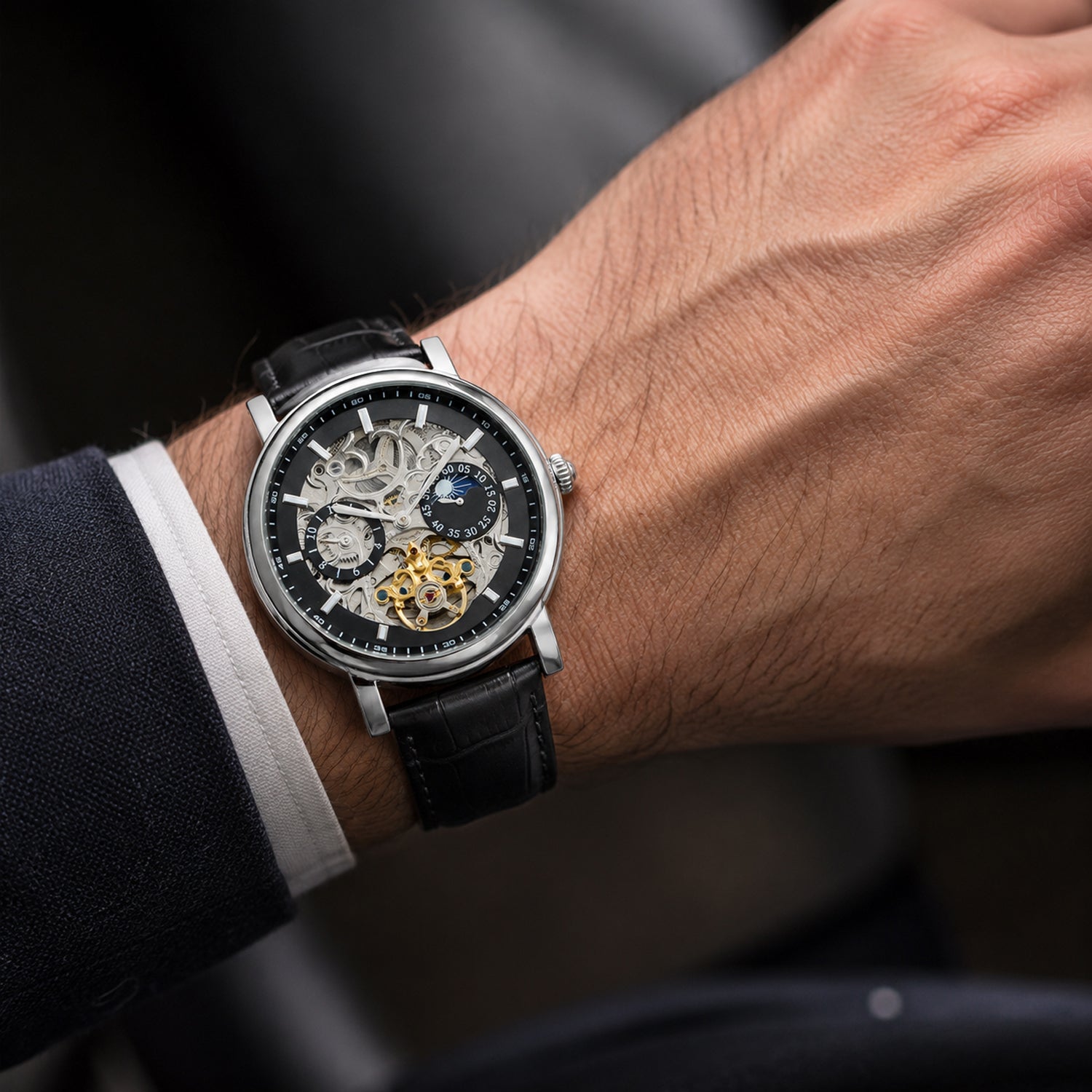 Automatic Mens Watch in Leather - Black_8540767_1