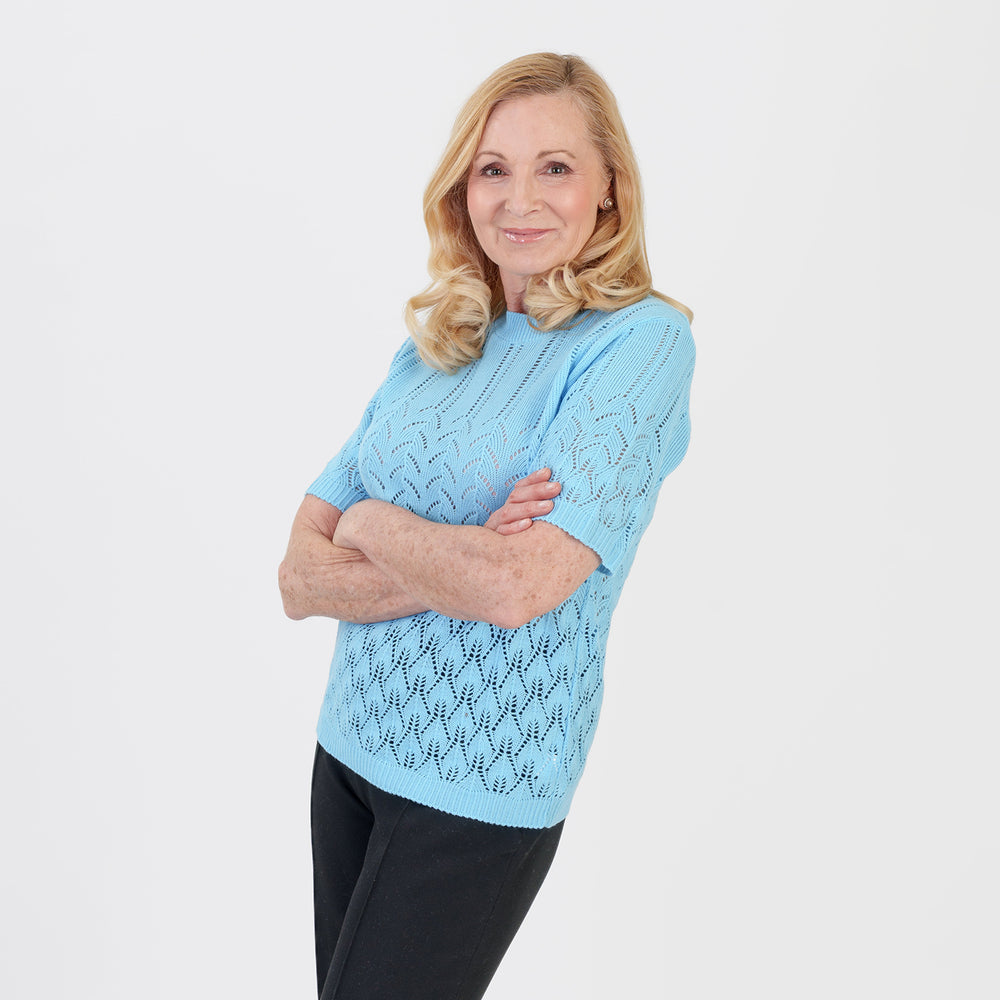 Pure And Natural Made In Uk Eyelet Knit Crew Neck Jumper (Size S/M, 8 to 14) - Sky Blue_8547984_2