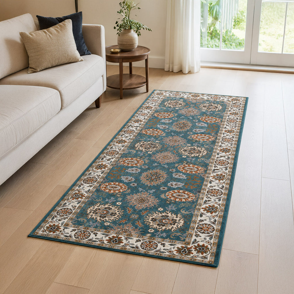 Bliss and Beyond Traditional Printed Runner Rug (60 x 180 cm) - Teal & Cream_8552274