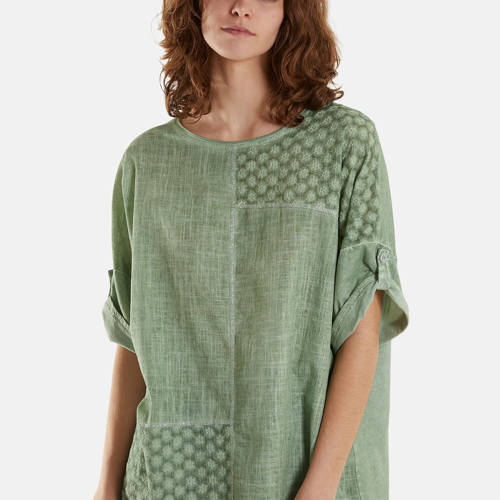 Mizumi Stone Wash Patchwork Sparkle Round Neck Top (Size S/M, 8 to 12) - Green_8552604_2