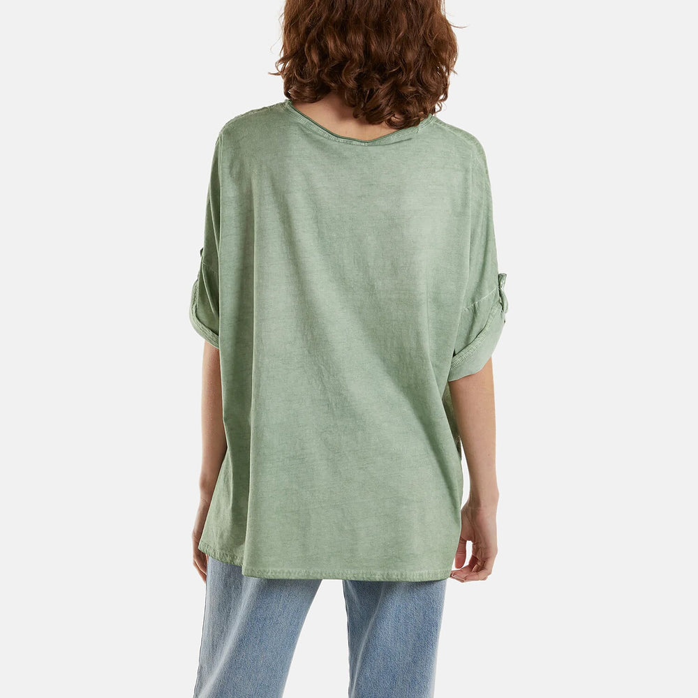 Mizumi Stone Wash Patchwork Sparkle Round Neck Top (Size S/M, 8 to 12) - Green_8552604_3