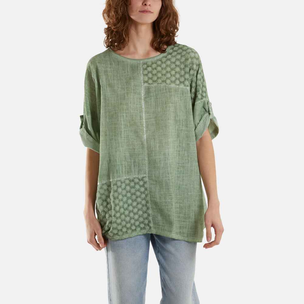 Mizumi Stone Wash Patchwork Sparkle Round Neck Top (Size M/L, 14 to 18) - Green_8552605