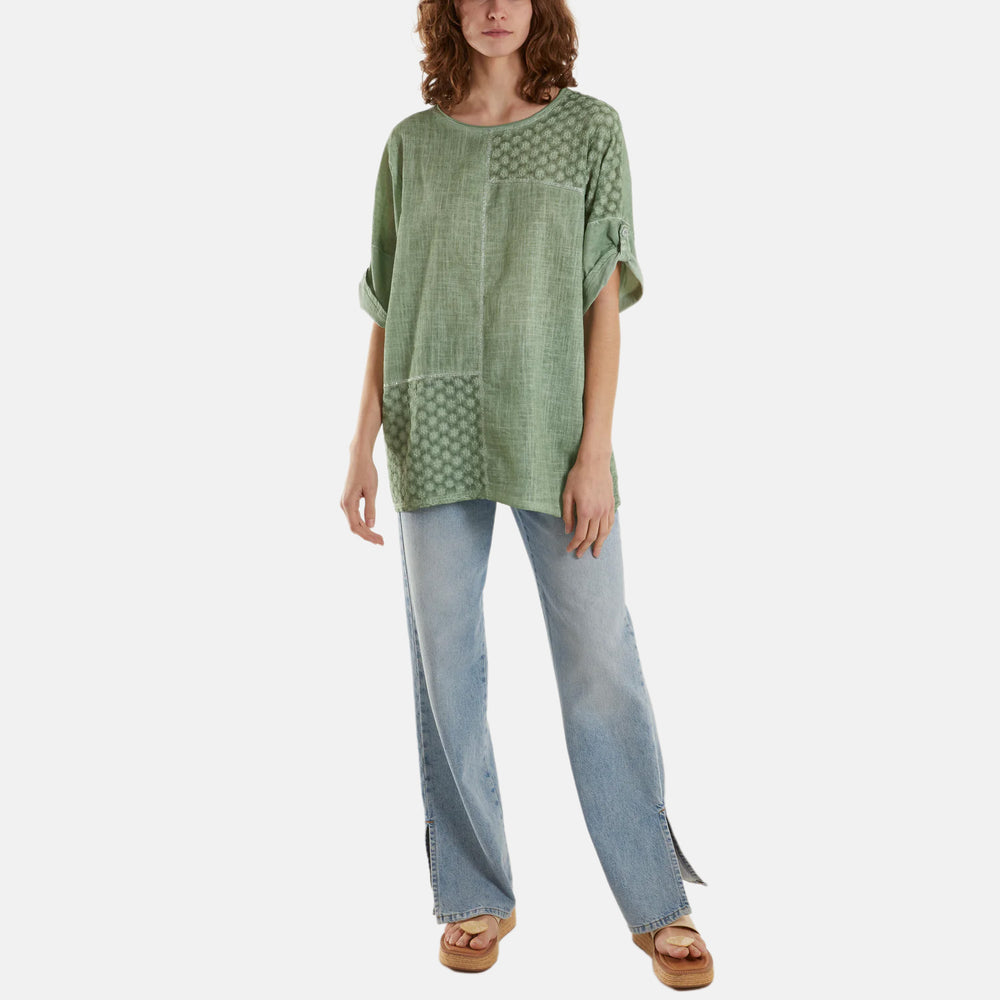 Mizumi Stone Wash Patchwork Sparkle Round Neck Top (Size M/L, 14 to 18) - Green_8552605_1
