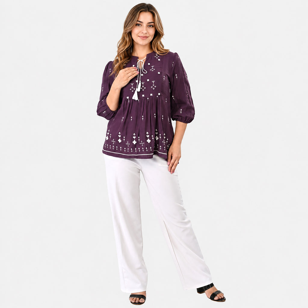 & Maisi Cotton Double Gauze Embroidered Bishop Sleeve Top (Size S, Fit 8 To 10) - Hyacinth Violet_8574247