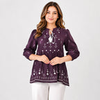 & Maisi Cotton Double Gauze Embroidered Bishop Sleeve Top (Size S, Fit 8 To 10) - Hyacinth Violet_8574247_1